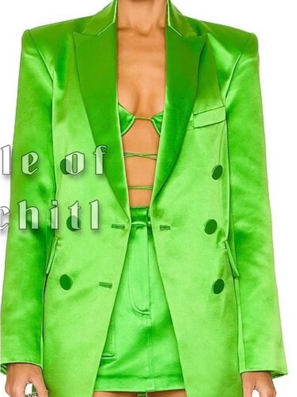 Vibrant Lime Green Satin Blazer & Mini Skirt Set